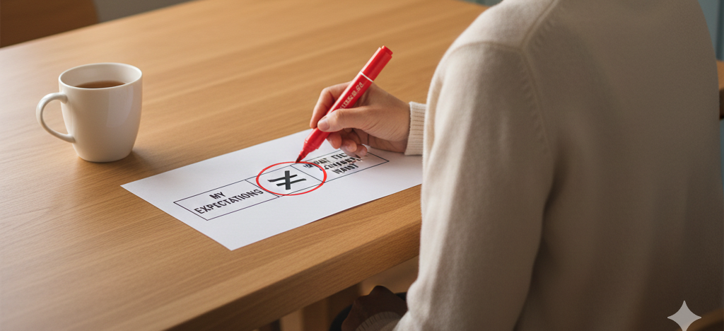 Woman at desk circling the words "my expectations do not equal what they actually want" on a paper with a red marker