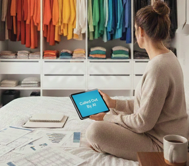 Woman on bed with scattered business plans, holding tablet showing 'Called Out by AI,' color-coded closet behind her, coffee on nightstand