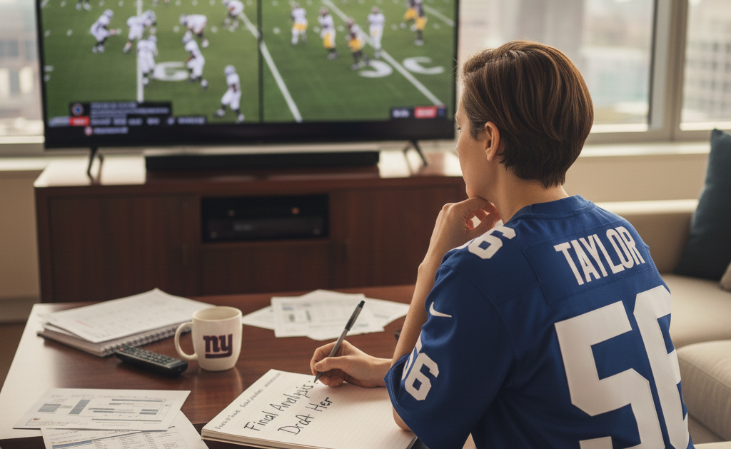 Woman in Giants jersey watching Red Zone with fantasy football sheets on table