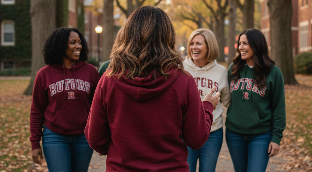 Four women at Rutgers sorority homecoming reunion celebrating friendships that grew together while one quietly reflects on friendship that faded away.