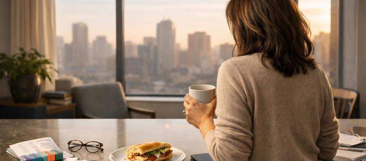 Woman at kitchen island with sandwich between parents' pill organizer and her laptop, city skyline morning light