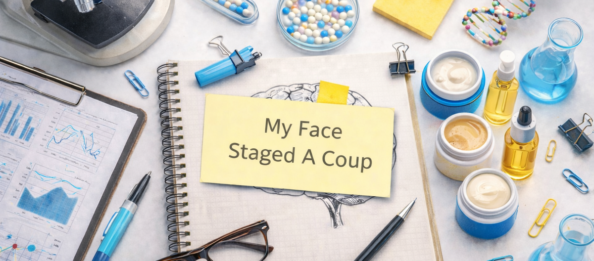 Research flat-lay workspace with sticky note reading "Hostile Takeover" surrounded by microscope, brain notebook, skincare products, mirror, and coffee mug