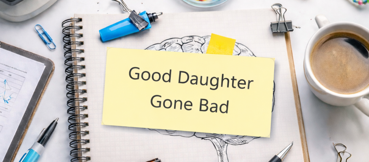 Flat-lay workspace with notebook and sticky note reading “Good Daughter Gone Bad,” surrounded by coffee, glasses, charts, and caregiving items