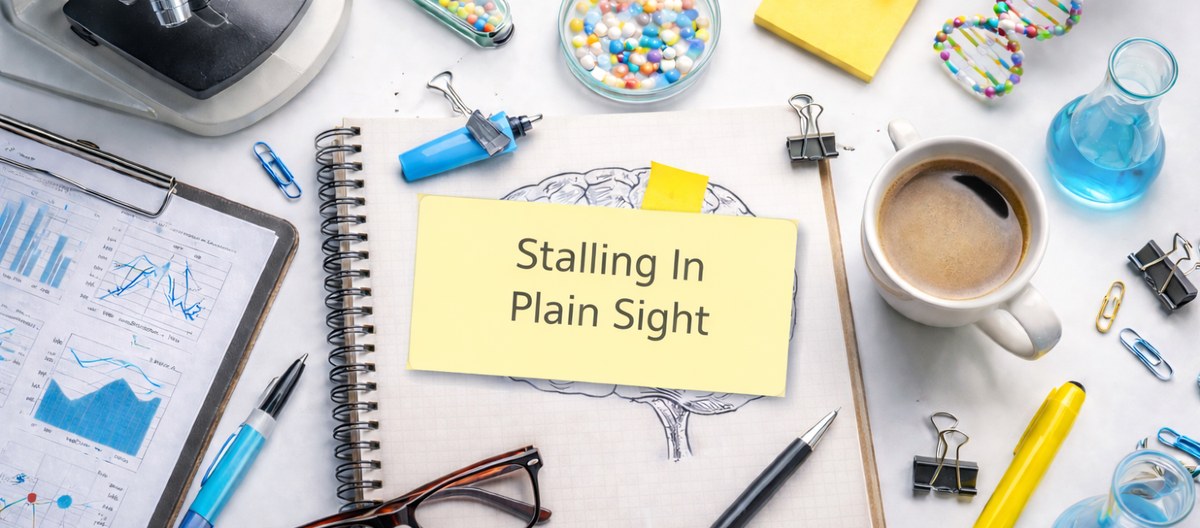Research flat-lay workspace with sticky note reading 'Stalling In Plain Sight' surrounded by microscope, beakers, brain notebook, charts, and coffee mug