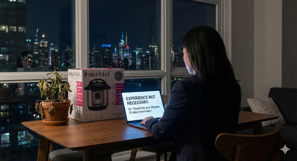 Woman at desk at night viewing laptop message about AI replacing her job, with unopened Instant Pot and dying plant beside her, city skyline in background