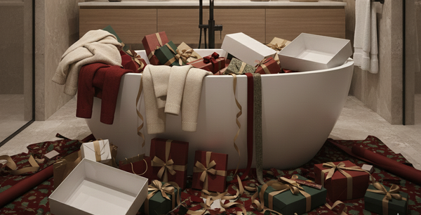 Luxury bathroom bathtub overflowing with unwrapped Christmas gifts and wrapping supplies scattered on floor - two days before Christmas Eve