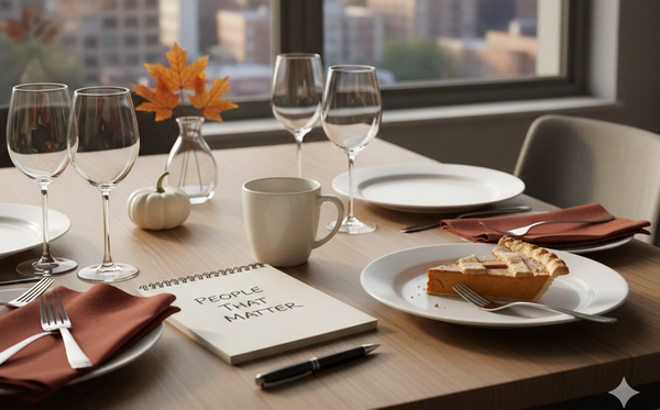 Dining table in a city apartment the morning after Thanksgiving with a mug, slice of pie, autumn leaves, and an open notebook labeled “People That Matter.”