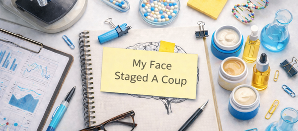 Research flat-lay workspace with sticky note reading "Hostile Takeover" surrounded by microscope, brain notebook, skincare products, mirror, and coffee mug