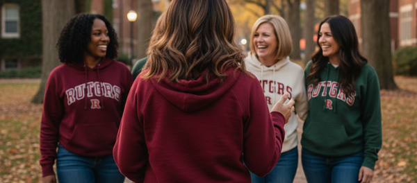 Four women at Rutgers sorority homecoming reunion celebrating friendships that grew together while one quietly reflects on friendship that faded away.