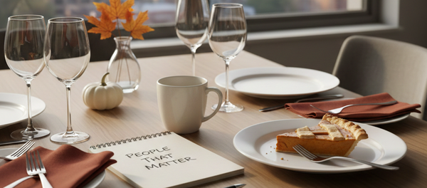 Dining table in a city apartment the morning after Thanksgiving with a mug, slice of pie, autumn leaves, and an open notebook labeled “People That Matter.”