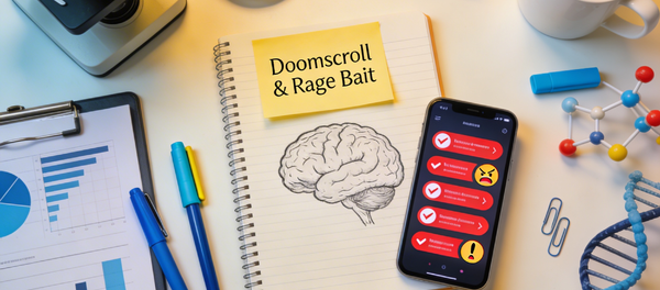 Research flat-lay workspace with sticky note reading “Doomscroll & Rage Bait” surrounded by microscope, brain notebook, charts, smartphone face-down, and coffee mug